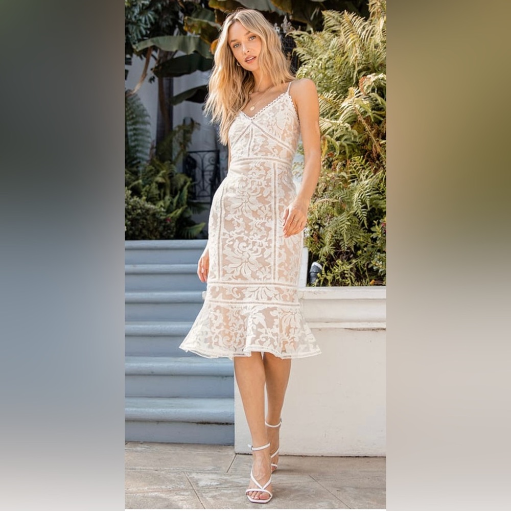 Lulus alluring love white and beige lace trumpet midi dress